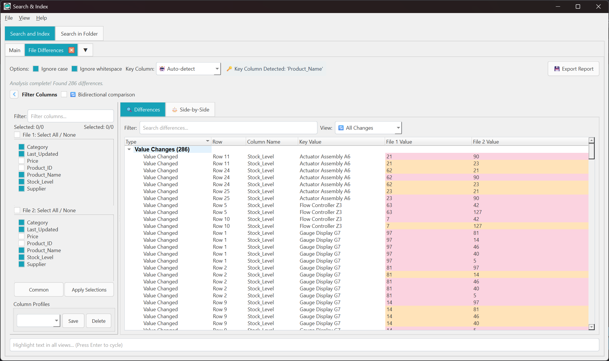 Column profile management interface