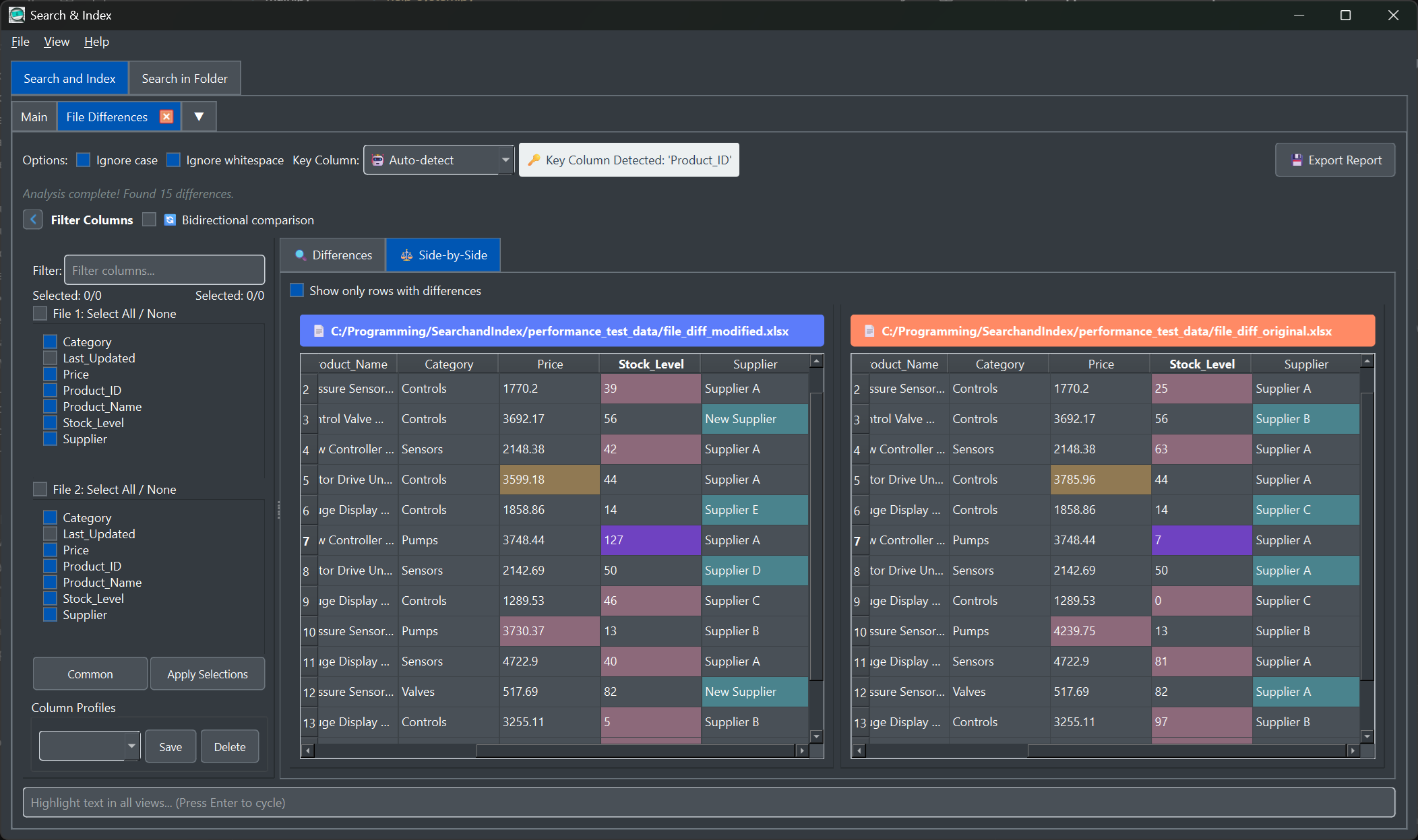 Dark mode interface with Search and indexl styling