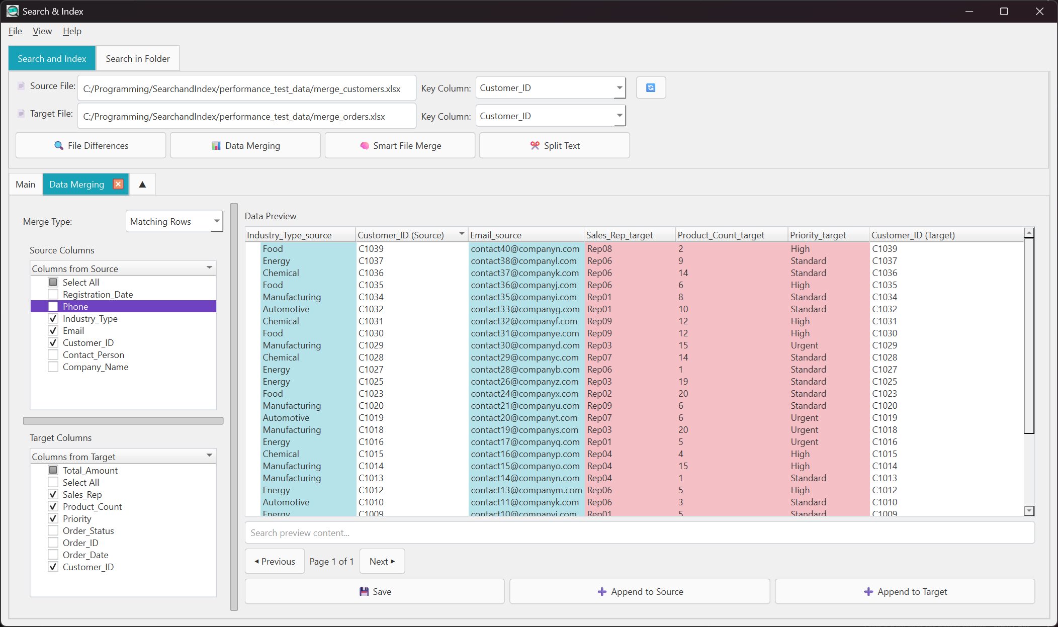 Data merging interface with join options