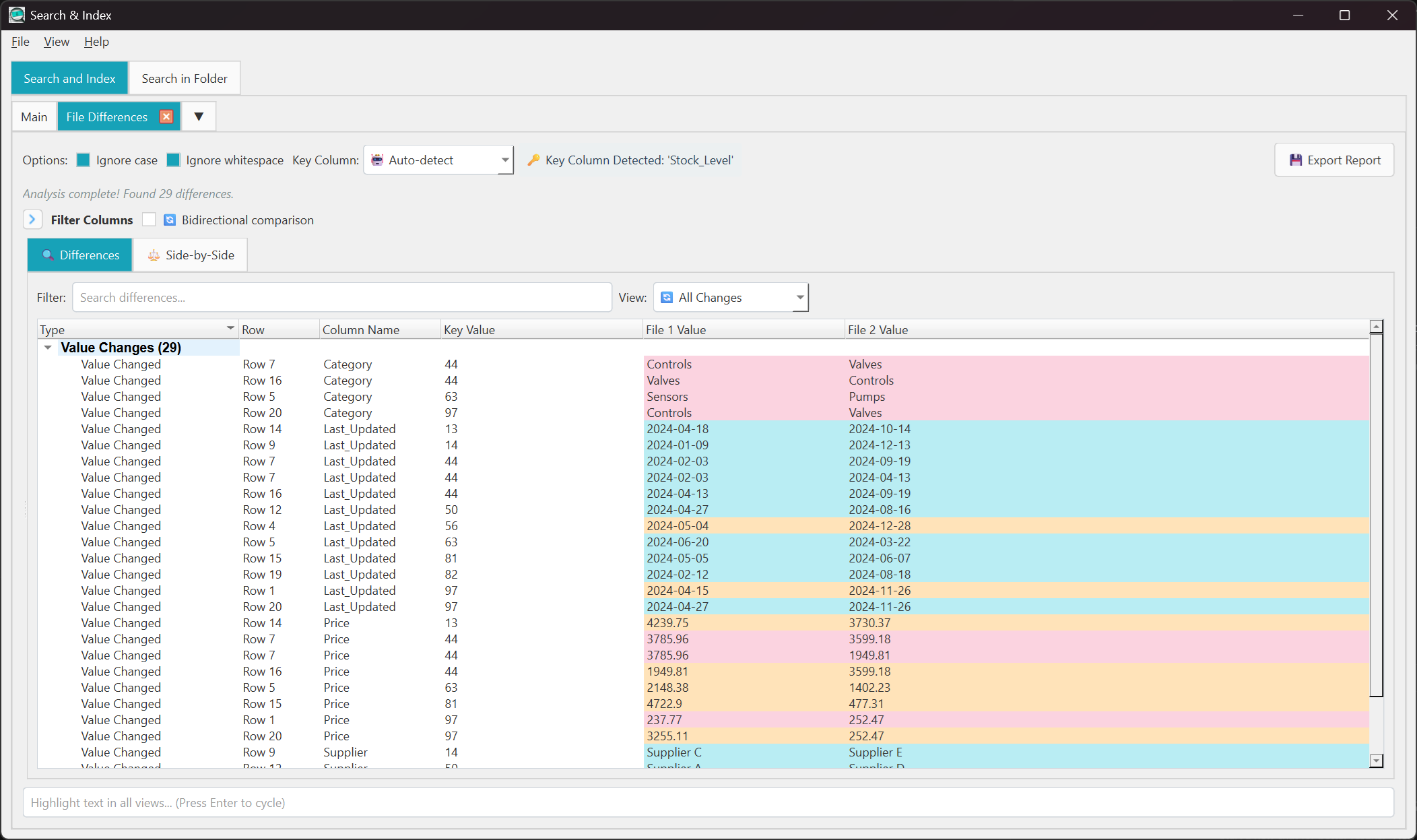 File differences interface showing highlighted changes between two Excel files