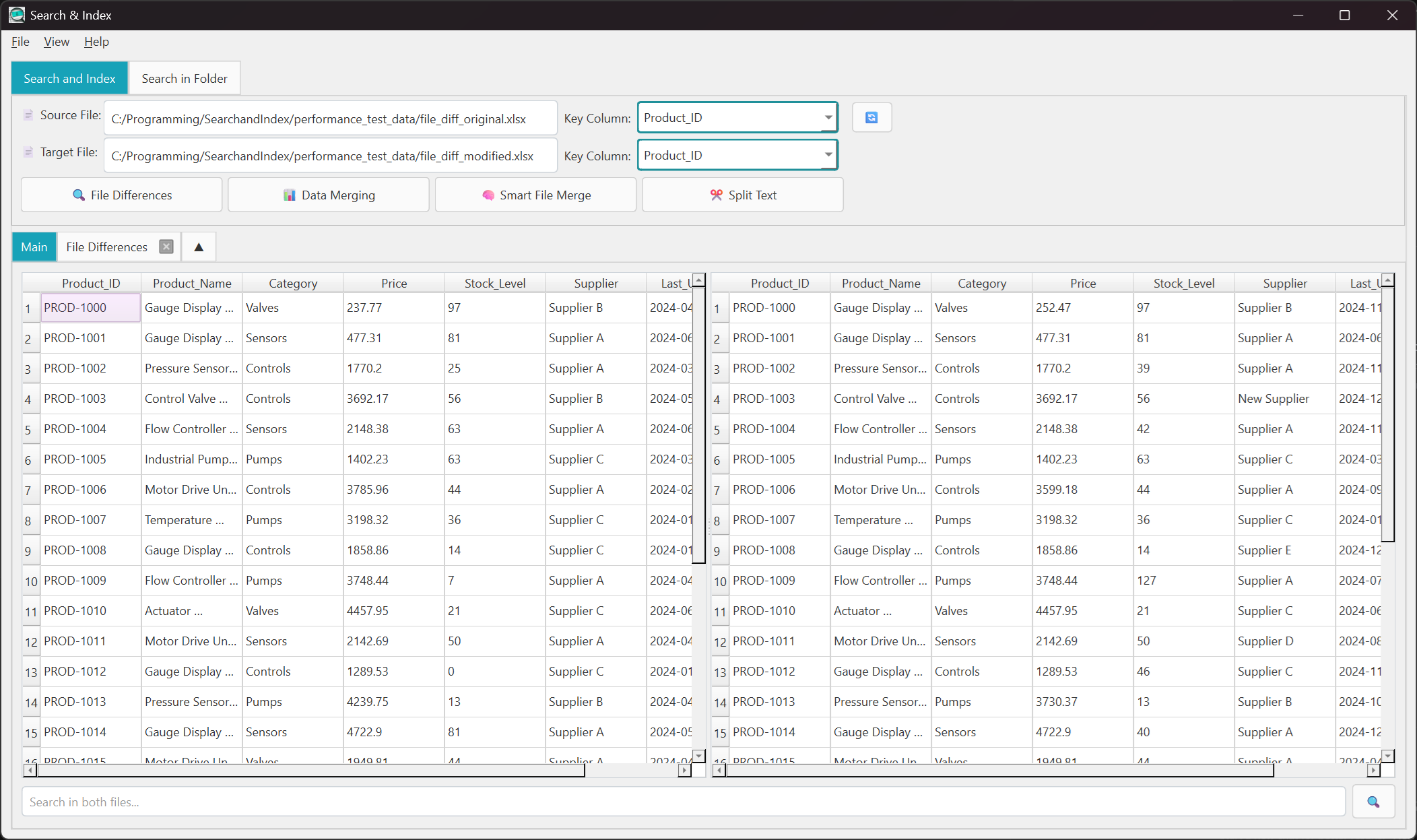 Search and index main interface showing file selection and analysis options