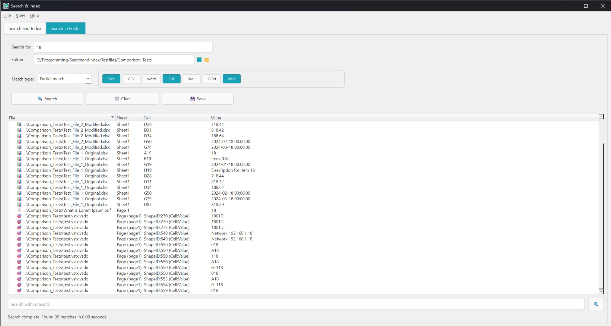 Search in folder interface with search terms and file filtering options