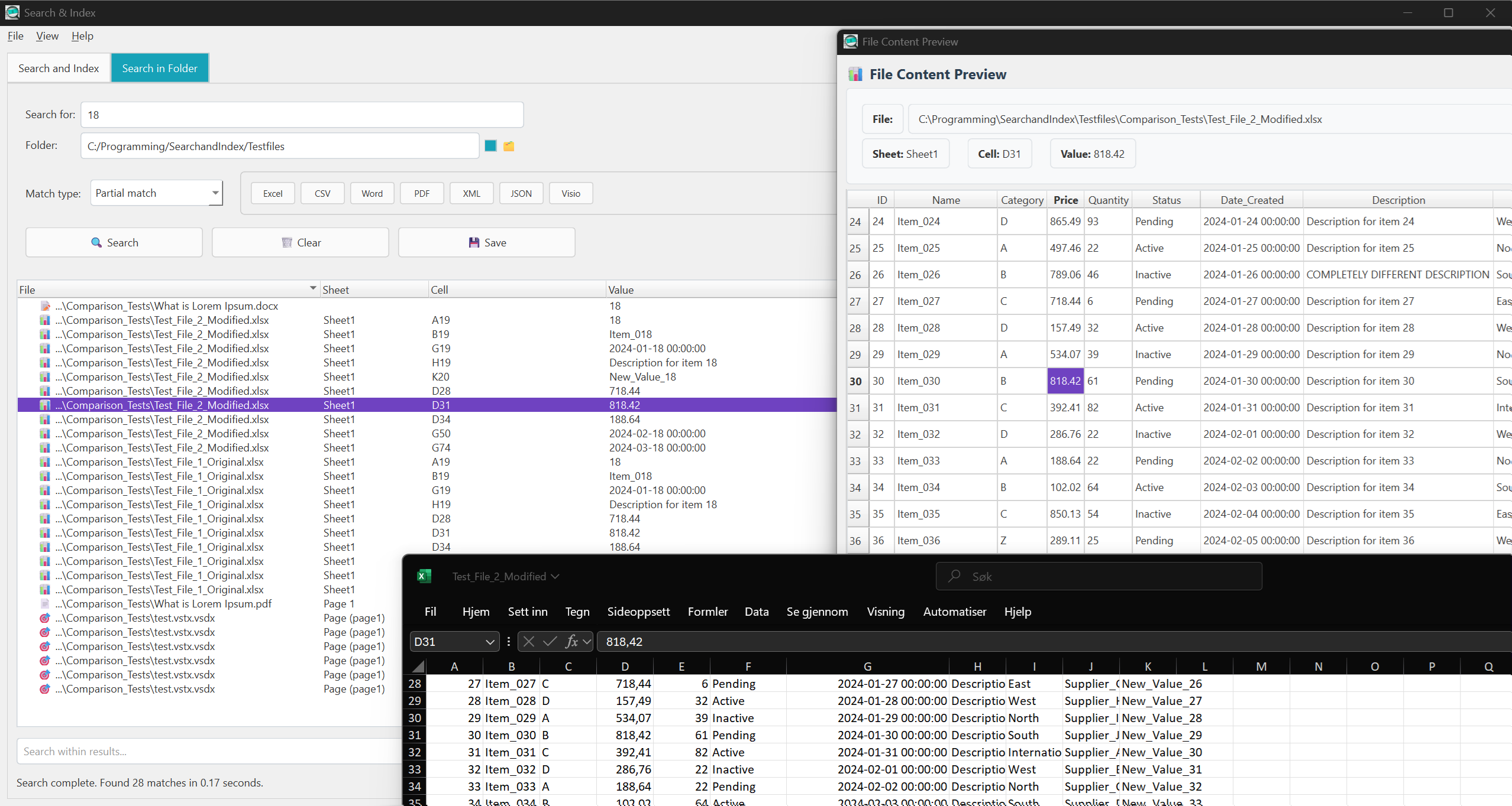 Search results with preview window functionality