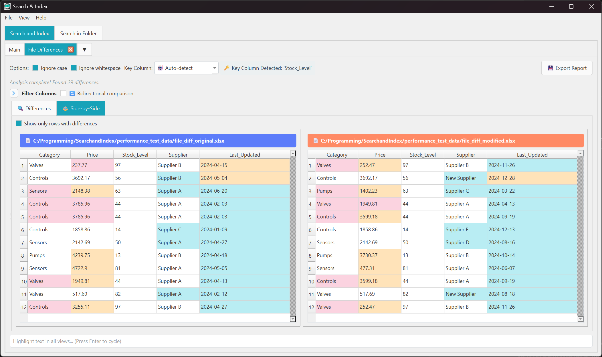 Side-by-side file comparison view