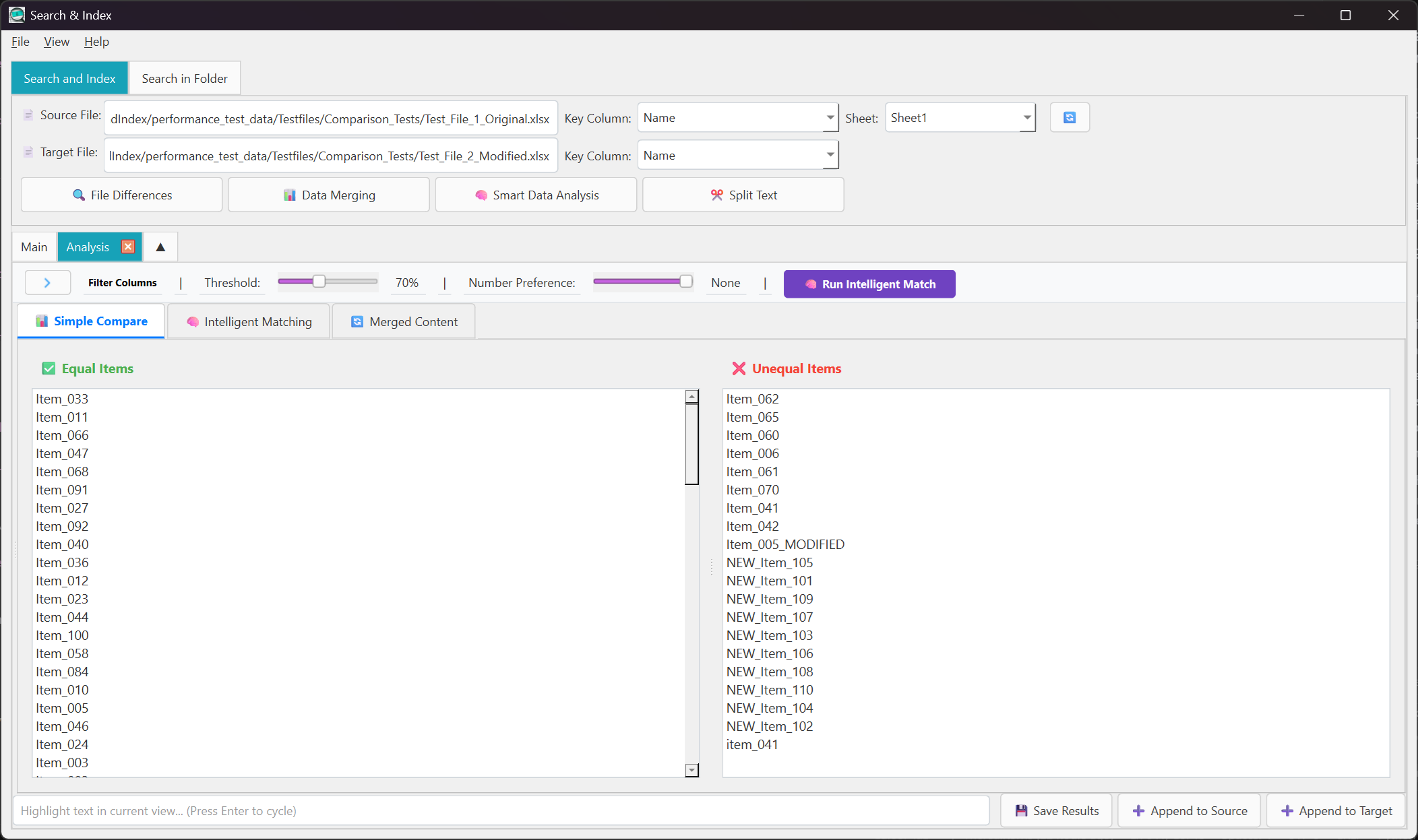 Simple Compare interface showing exact match analysis between files
