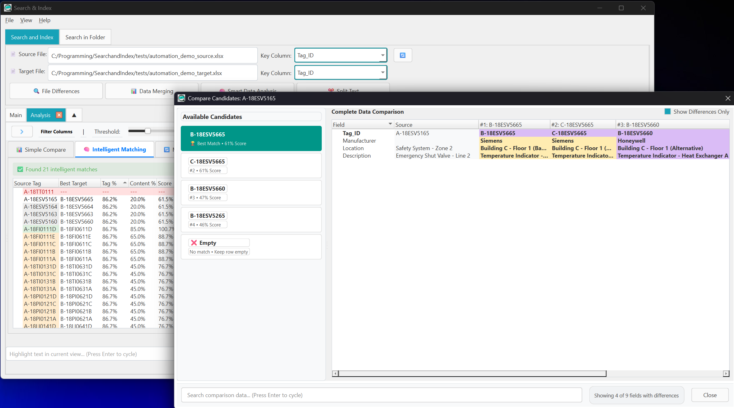 Compare Candidates dialog showing up to 5 potential matches for equipment configuration