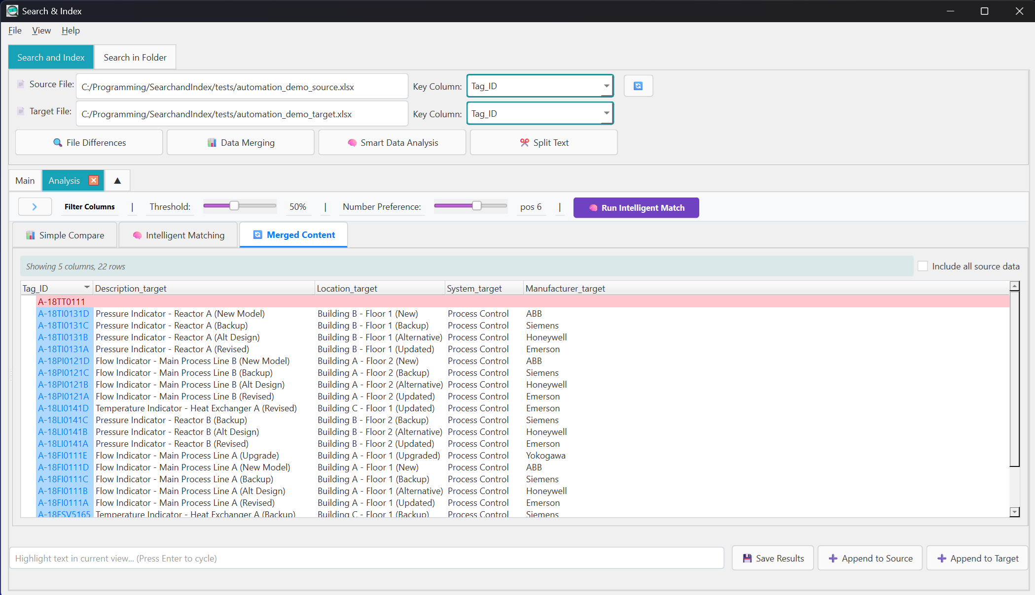 Merged Content view showing complete analysis results with highlighting
